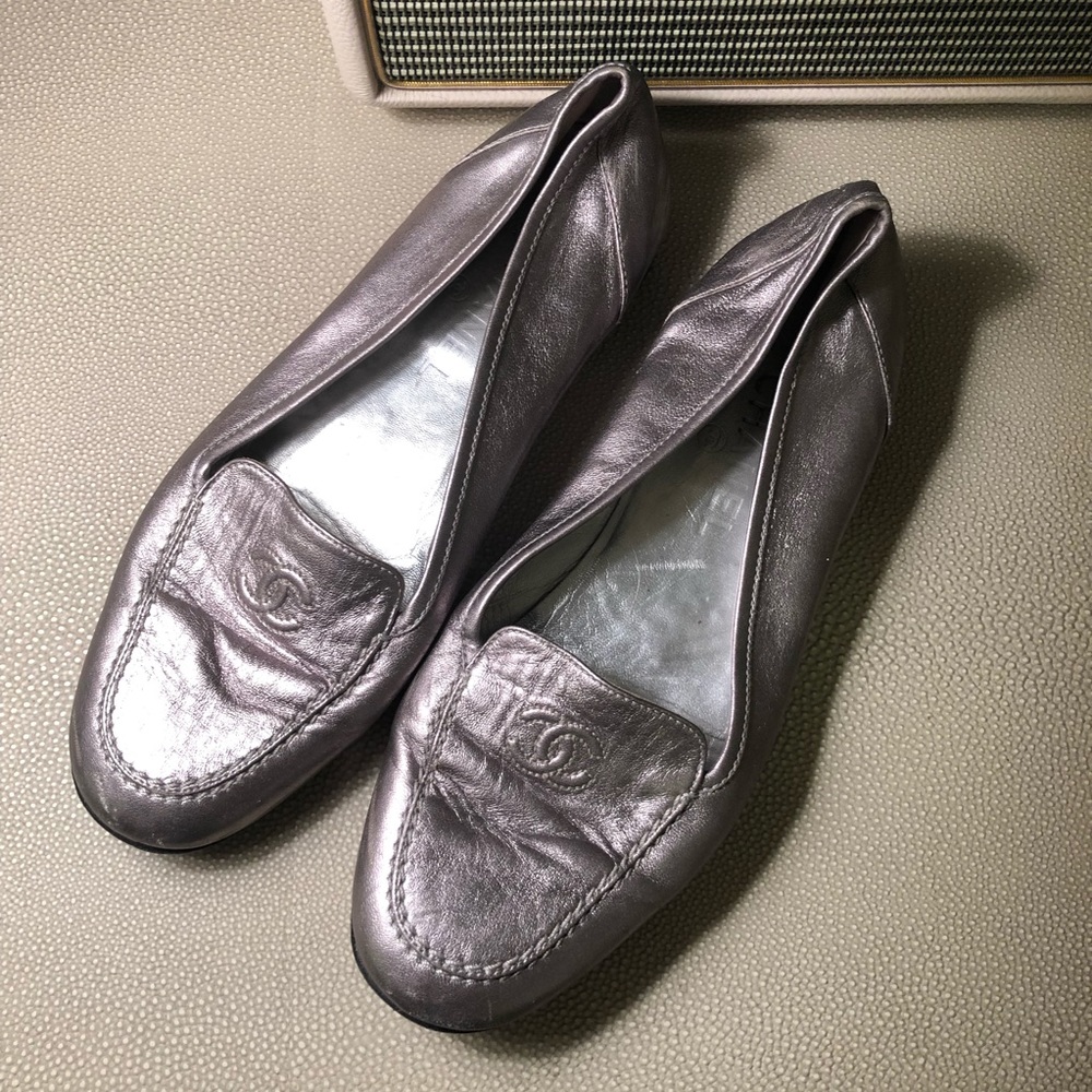 Chanel silver flats loafers